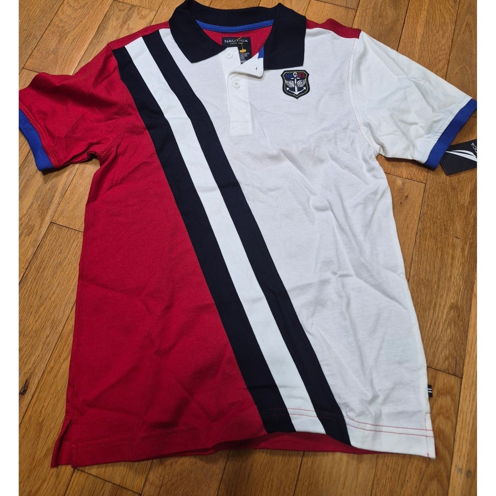 Nautica Boys Colorblock Polo Shirt Red White Blue Maritime Div L 14/16 N881515Q